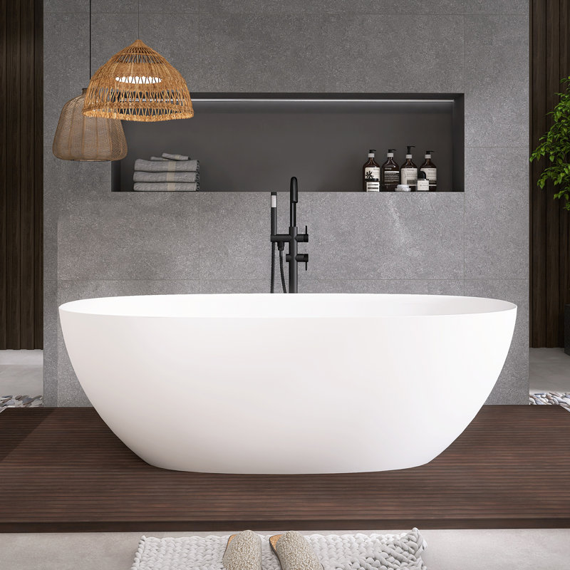 65 in. Freestanding Solid Surface Stone Resin Soaking Bathtub in Matte White