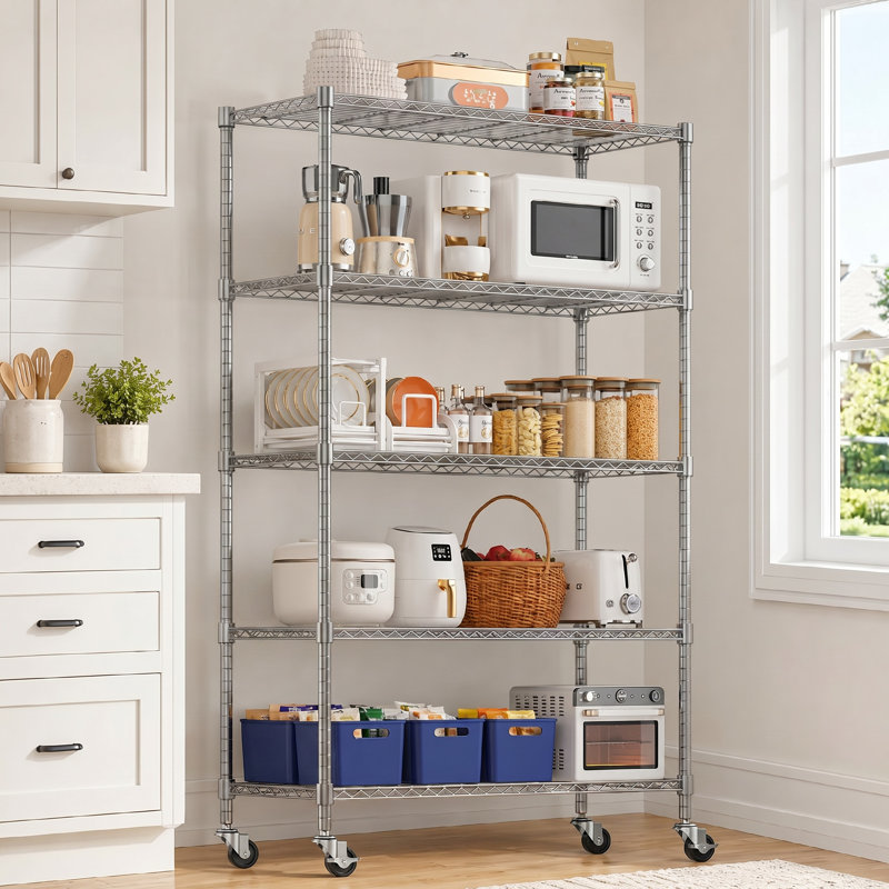 Étagère grillagée à 3 niveaux avec roulettes, support de rangement réglable en métal pour petits espaces, organisateur de rangement robuste pour garde-manger, cuisine, garage, salle de lavage, acier au carbone