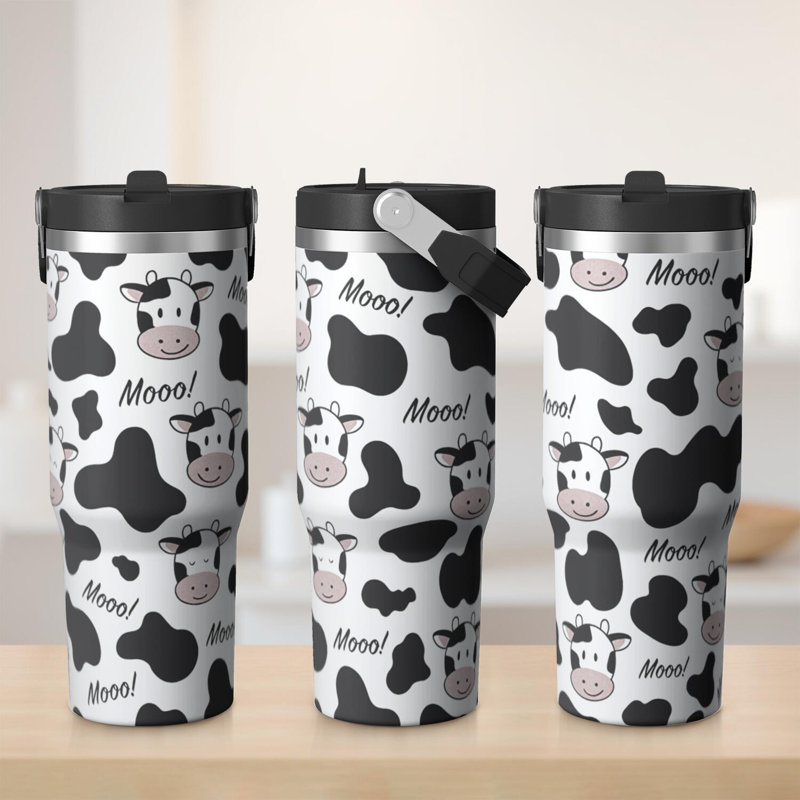 Verre 30 oz avec couvercle et poignée Gobelets isothermes en acier inoxydable Bouteille d'eau mignonne avec rabat (imprimé vache)