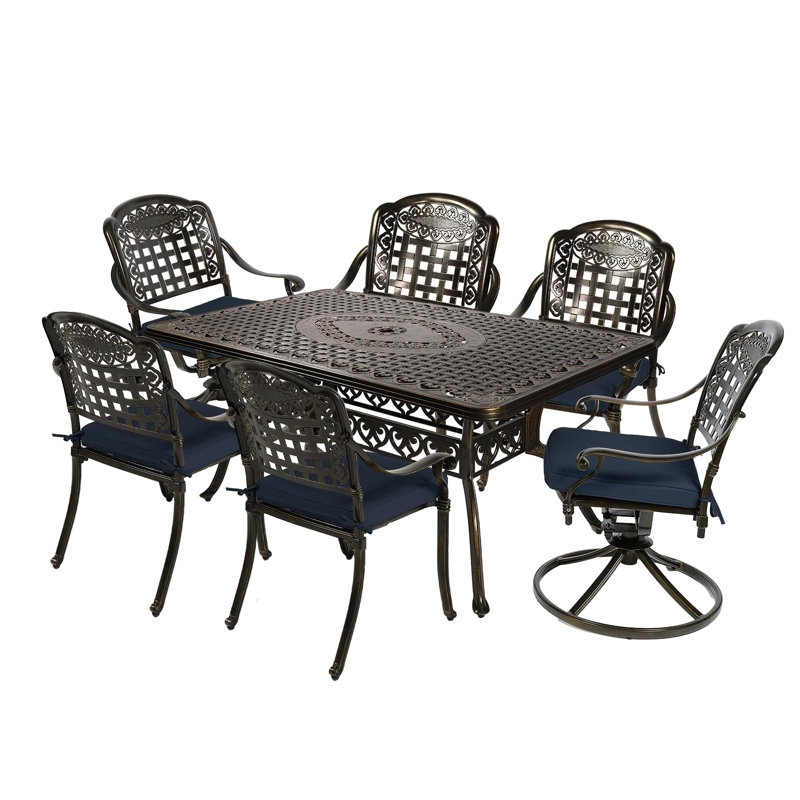 6 - Person Patio Dining Set with Rectangular Table , Cushions Included, Navy Blue