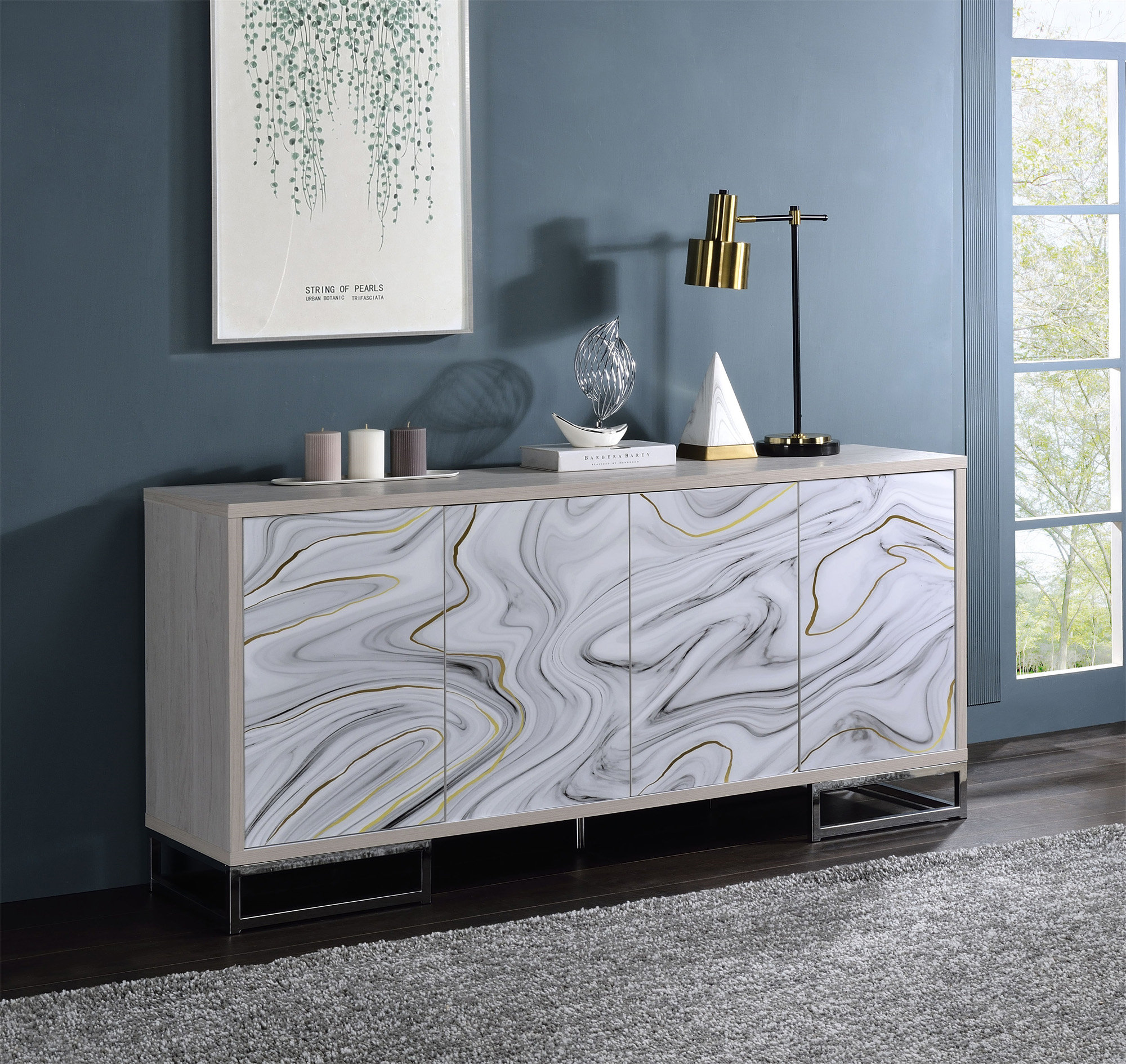 Latitude Run® Panos White Marcle Paint & Chrome Finish Console Cabinet ...