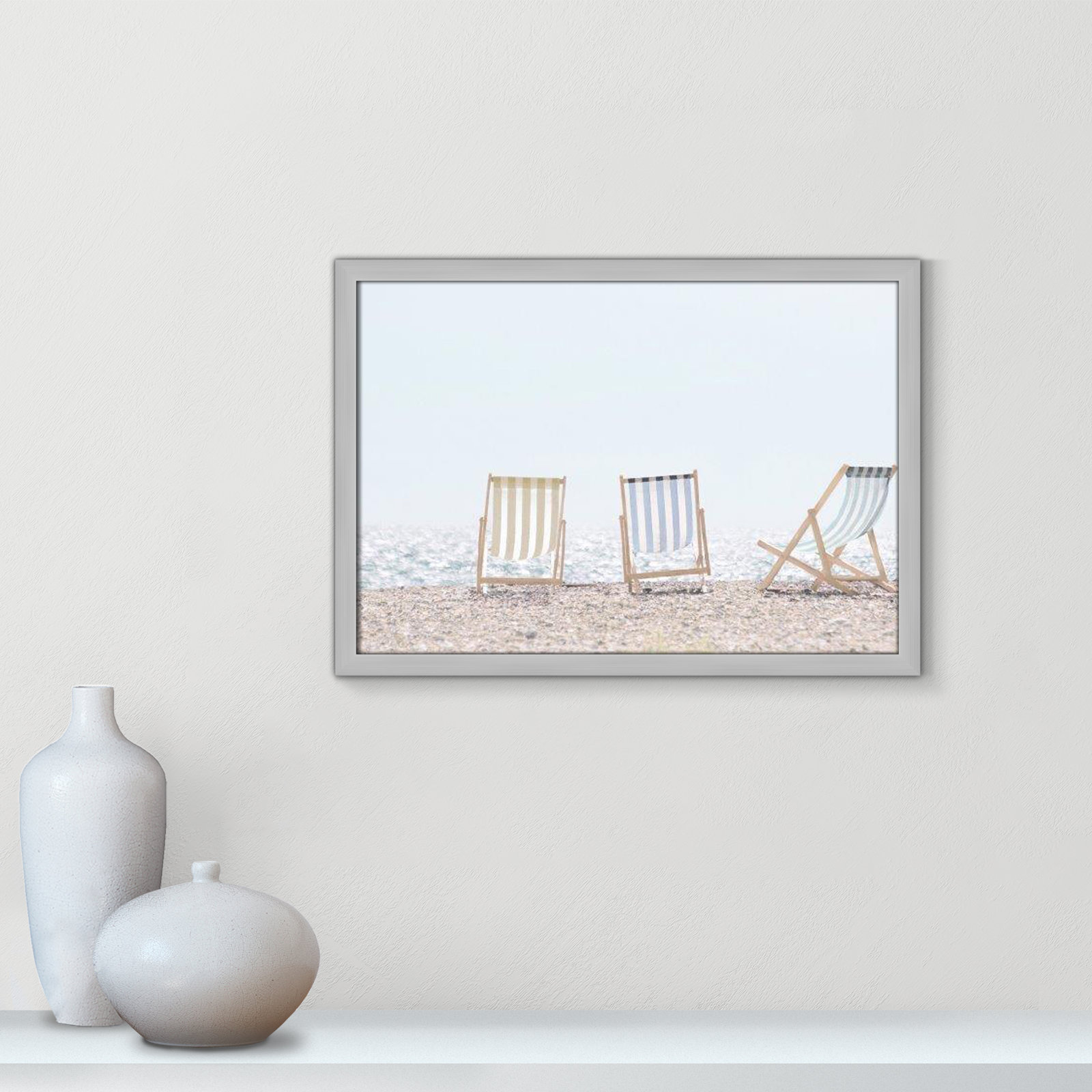 Adriatica "Beach Chairs" Print by Leah Straatsma, 17" H x 23" W x 1.25" D, Matte Silver