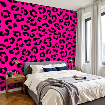 Peel and Stick Wallpaper Bold Pink Leopard Print Black Spots Wall Murals 100"H x 144"W Removable PVC Wall Paper Self-Adhesive Wall Decor for Bedroom Living Room Home Office