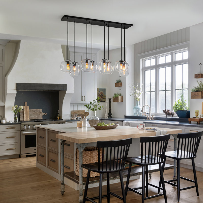 8-Light Melon Shaped Glass Pendant Light, Matte Black