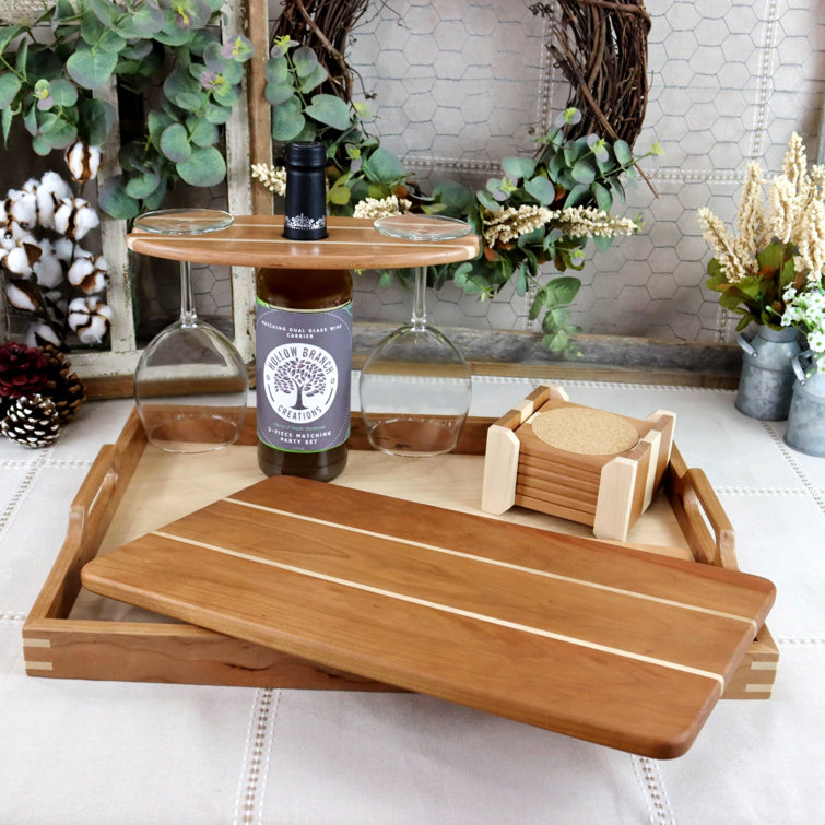 3-Piece Serving Set: Handcrafted Matching Serving Tray, Cutting Board, & Wine Bottle Holder Carrier Hollow Branch Creations Color: Light Brown