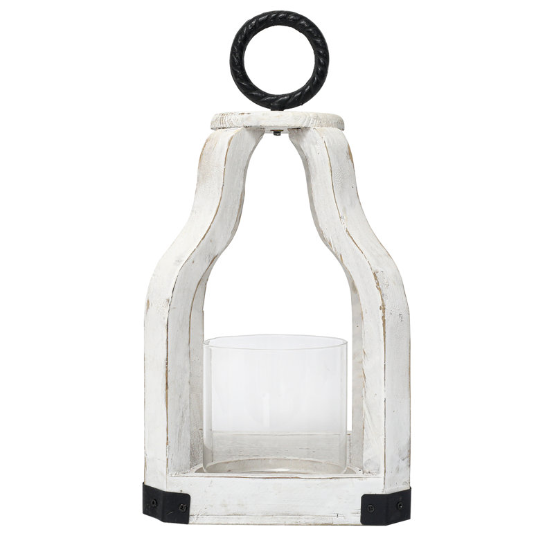 13" Rustic Farmhouse Wood Candle Hurricane Lantern With Glass Candlestick Holder For Patio, Table Centerpiece, White