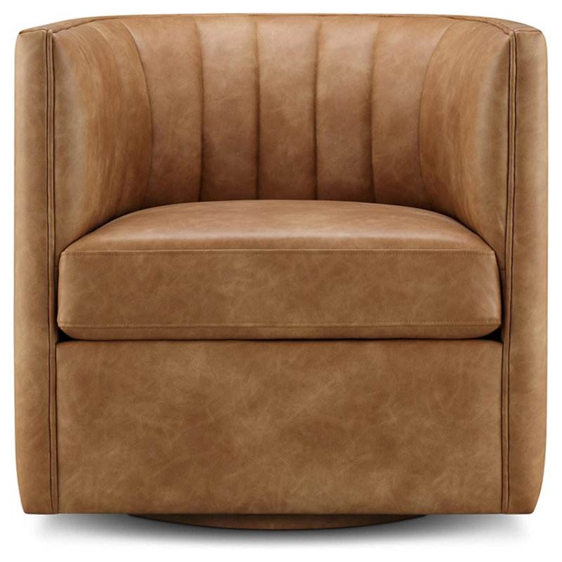 Anniya Upholstered Swivel Barrel Chair, Cognac Faux leather