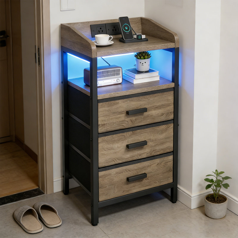 Table de chevet 25,9 "avec station de charge et lumière DEL, table de chevet industrielle à 3 tiroirs * 2 pièces