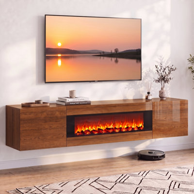 70" Tall Floating TV Stand with 36" Electric Fireplace, Wall Mount Console with Storage & Remote