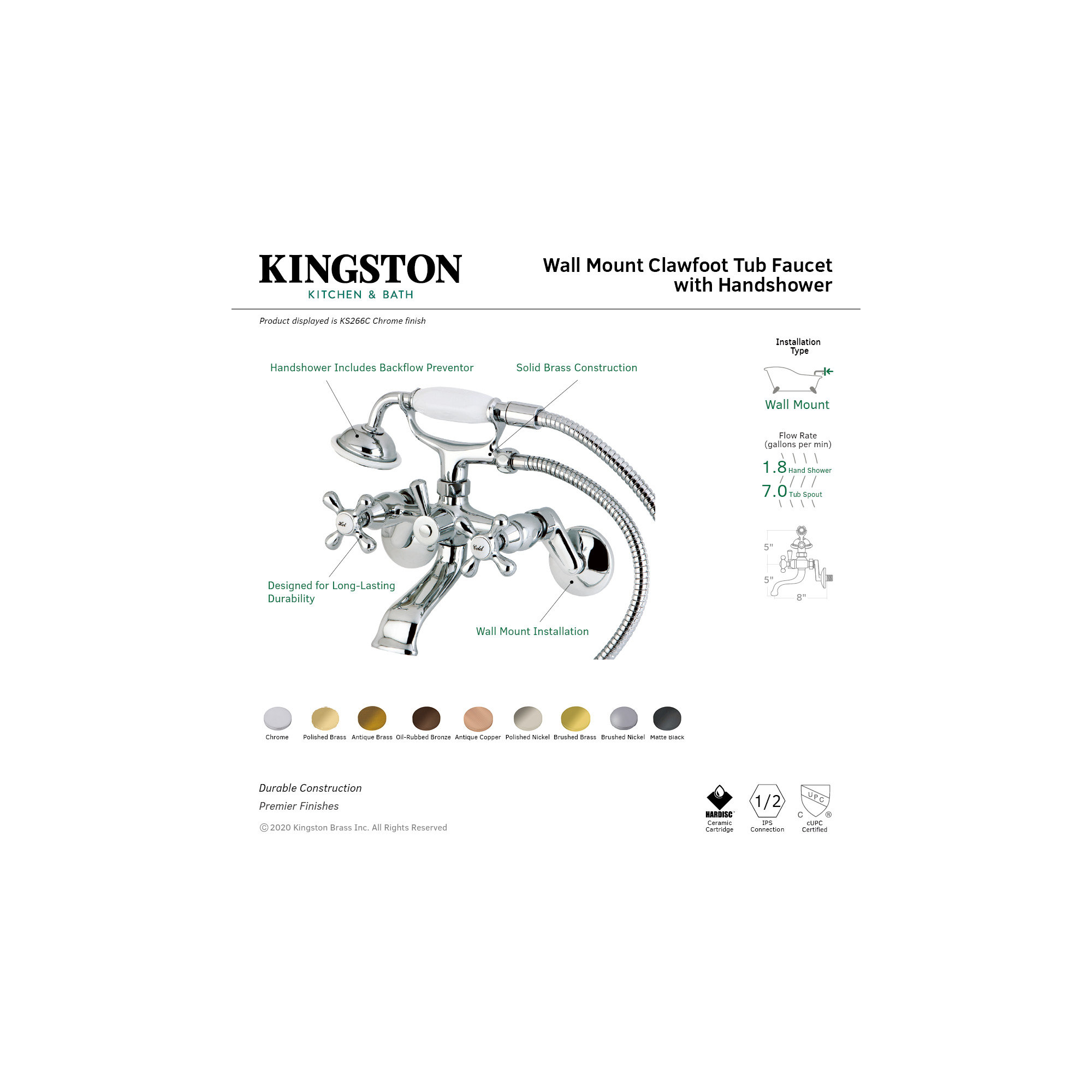 Kingston Brass Kingston Two-Handle 2-Hole Wall Mount Clawfoot Tub Faucet with Hand Shower, Satin Nickel