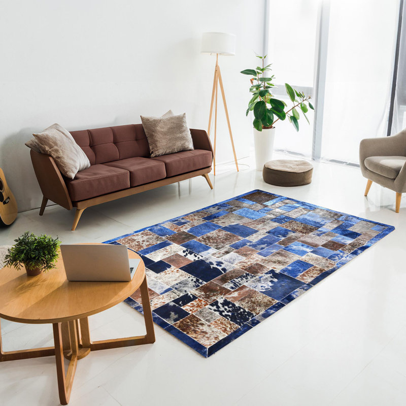 Blue Leaf Cowhide Patchwork Rug 4 X 6 Ft, Rectangle 4' x 6'