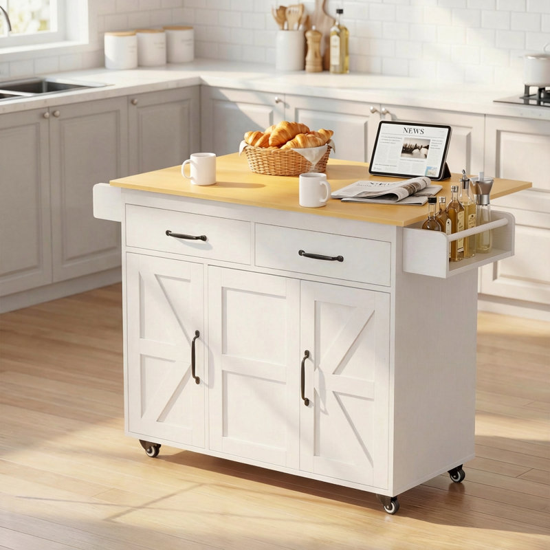 Kitchen Island With Drop Leaf, Tilt-Out Trash Can Cabinet, Rolling Kitchen Cart, Storage Cabinet With Drawers, Rubber Wood Top.