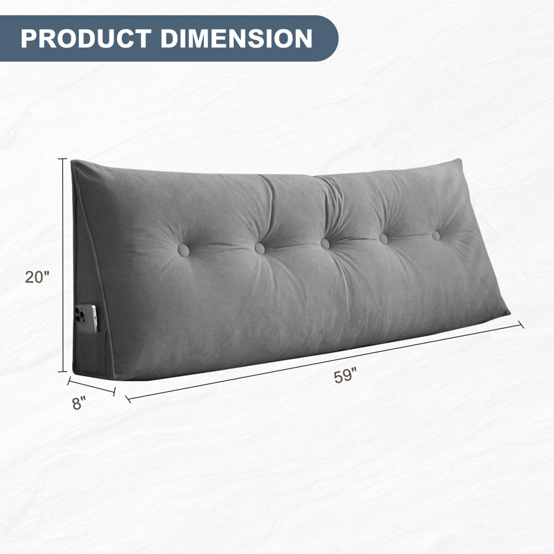Oversized Chenille Bed Reading Pillow With Triangular Support & Side Pockets, Rectangle 20"H x 59"W, Dark Gray