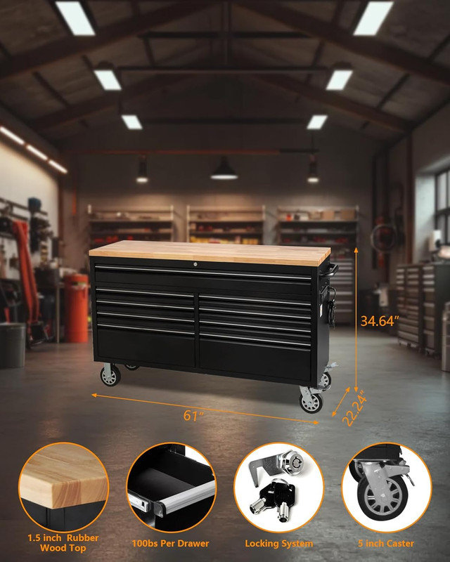 Coffre à outils 61 po à 9 tiroirs avec plateau en bois et armoire de rangement mobile pour garage