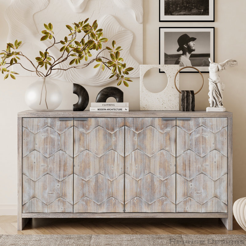 Farmhouse Style 4 Door Wooden Cabinet, Natural Wood Wash