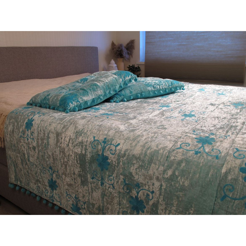 Nealy Cotton Floral Bedspread with Pillowcases, Sky Blue