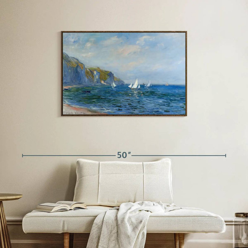 Falaises et voiliers à Pourville, 37 po x 25 po, Cadre flottant en noyer