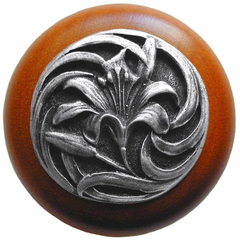 Poignée champignon floral de 1,5 po de diamètre, Étain antique / bois de cerisier