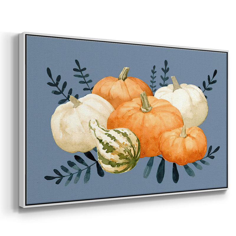 Automne orange et bleus, toile tendue avec châssis en I, H 25 po x l 37 po x P 2 po, Blanc