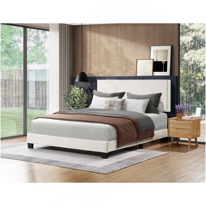 Lit plateforme tapissier Luma, Beige, Lit double