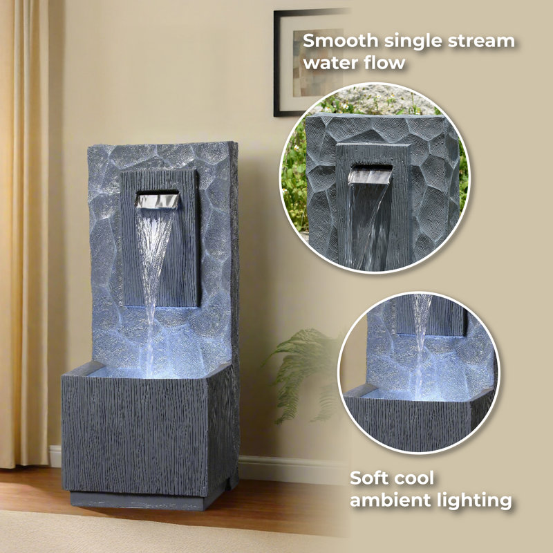 Outdoor Waterfall Fountain with LED Light, Adjustable Flow, Durable Polyresin Design for Gardens and Patios, Gray
