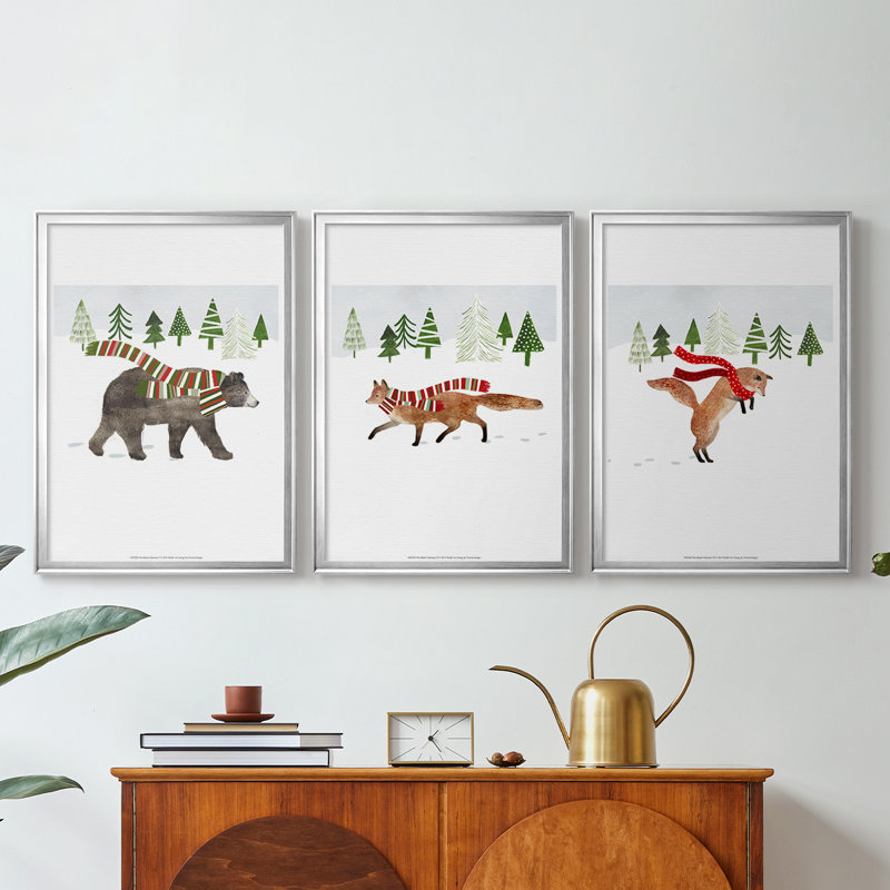 Woodland Christmas I - Toile tendue avec châssis sur mesure - 3 pièces, H 19 po x l 27 po, Argent argent