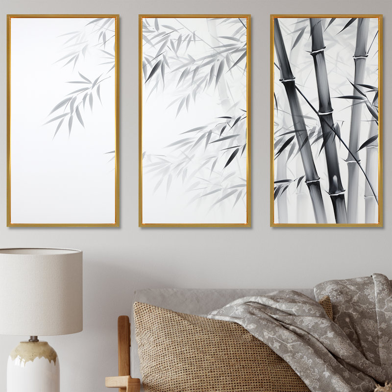 «Black and White Wild Bamboo V», ensemble de reproductions d'art mural en bambou, Cadre flottant doré