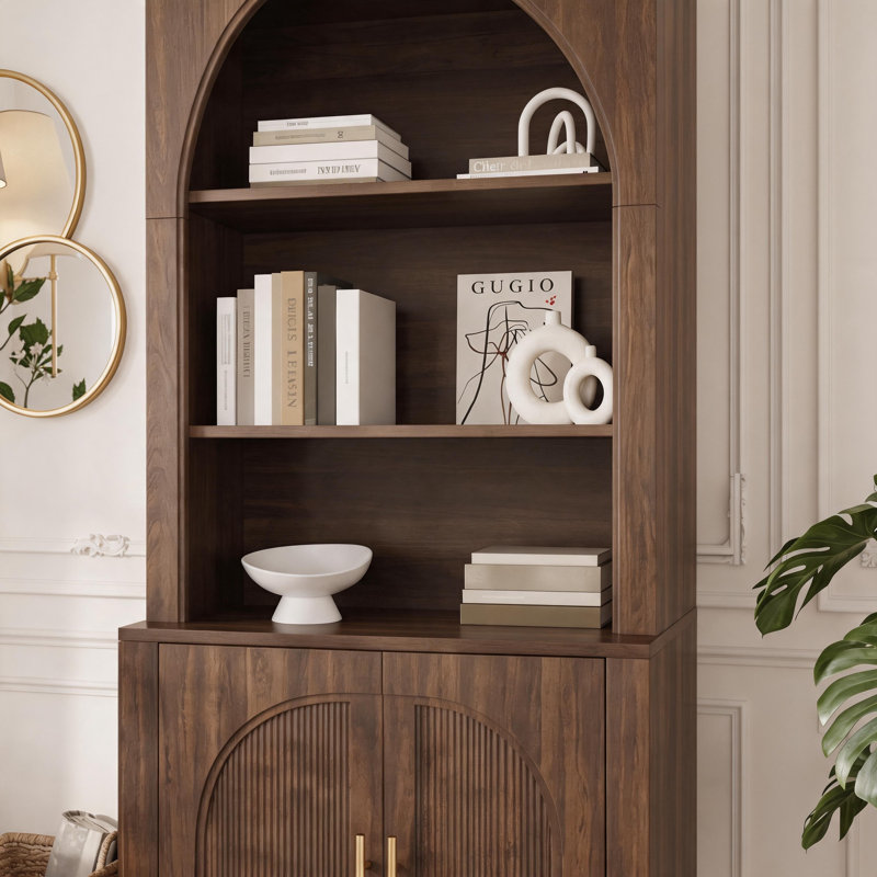Bibliothèque en noyer de 70,87 pouces avec armoire de rangement à porte cintrée et étagères ouvertes, Walnut