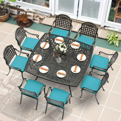 9-Piece Outdoor Furniture Dining Set For 8, All Weather Cast Aluminum Patio Dining Set- Large 64" Square Table With Umbrella Hole And 8 Cushioned Chairs, Patio Table And Chairs Set