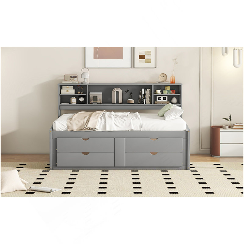 Lit de jour double avec 2 armoires de chevet, tablettes supérieures et 4 tiroirs, Gris