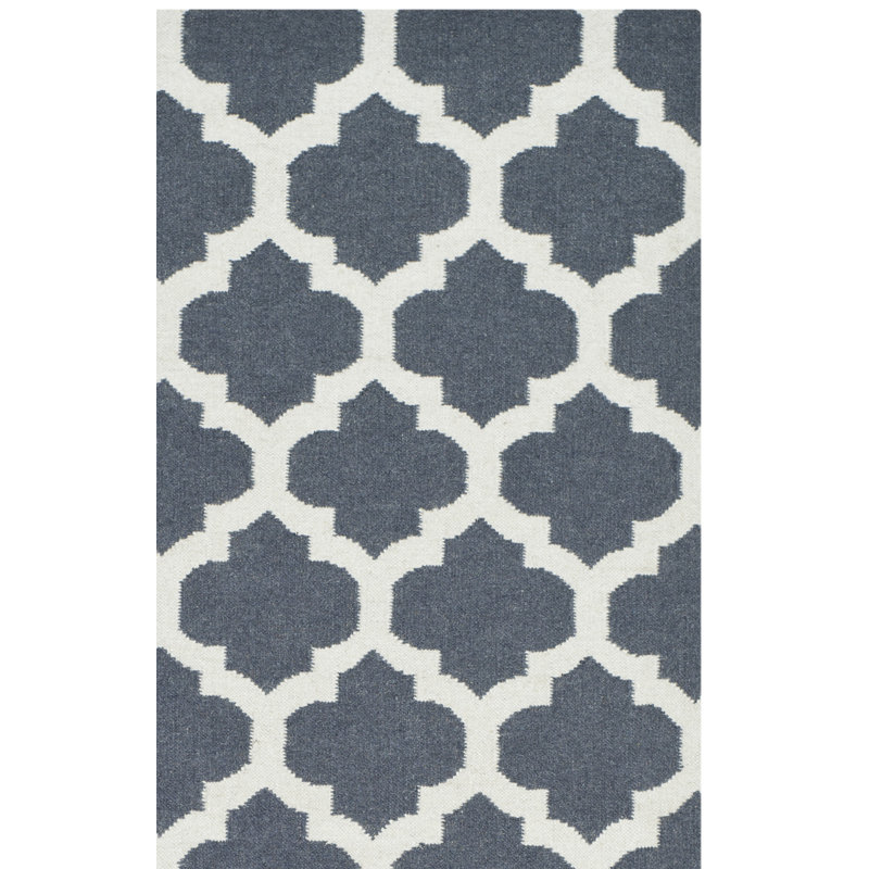 Rodgers Hand Woven Flat Weave Wool/Cotton Geometric Rug in Ivory/Blue, Runner 2'6" x 7'