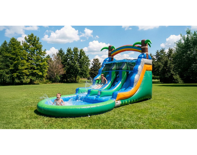 Glissade d'eau à deux voies avec piscine Pop Jump Tropical Island - 23 pi de longueur, 13 pi de hauteur - Vinyle 100% PVC, construction renforcée de force commerciale - Glissade de cour pour enfants et adultes, amusement estival humide ou sec