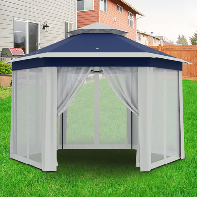 13x13 ft Hexagon Patio Gazebo with Mosquito Nettings, Durable Steel Frame Outdoor Canopy Tent, UV Protection Sun Shelter for Backyard, Garden, Lawn - Khaki