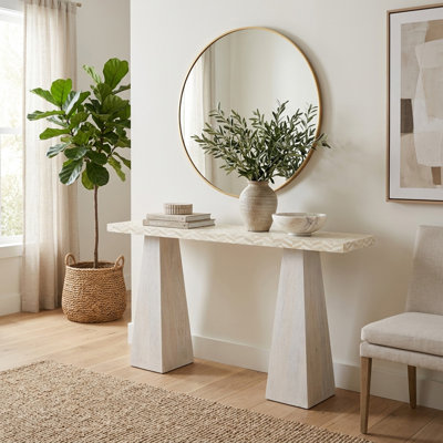 Geometric Inlay Top With Mango Wood Console Table For Entryway - Narrow Sofa Table With Sculpted Pedestal Base For Hallway Foyer Use - 55", Ivory & White