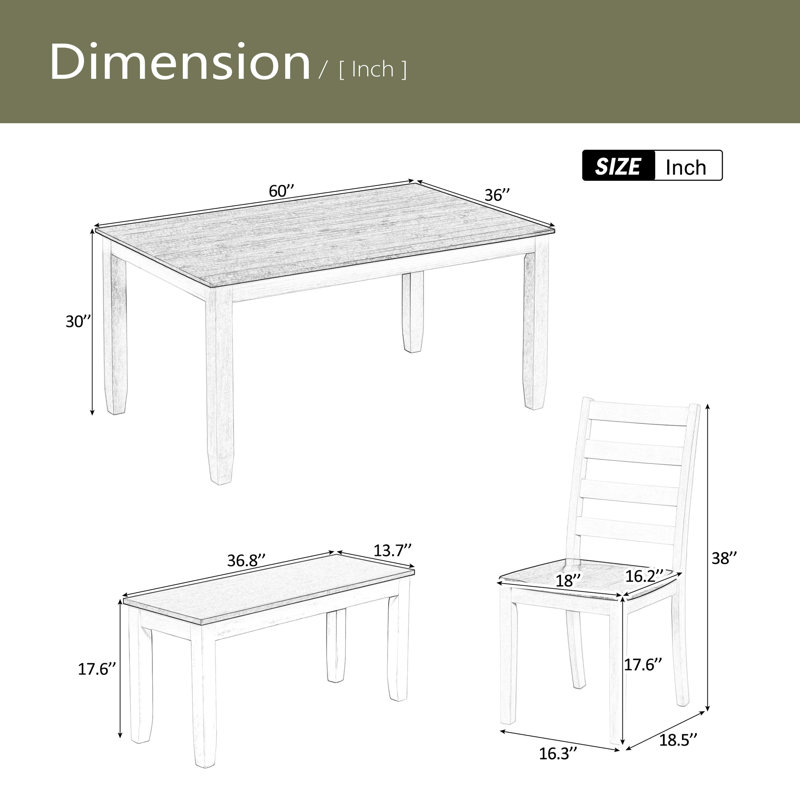 Ensemble de table de salle à manger de style rustique 6 pièces avec 4 chaises ergonomiques et un banc