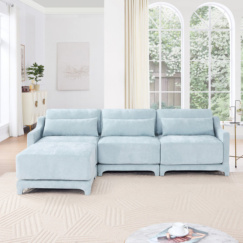 Bleu ciel, chenille, trois places, tissu usé, repose-pieds assortis, ensemble de sièges confortables et élégants, structure en deux bois