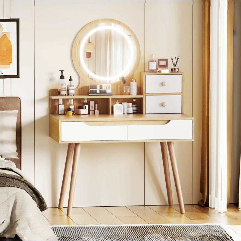 Ensemble de coiffeuse avec 3 miroirs lumineux réglables avec pieds de table en bois massif, ensemble de coiffeuse avec 4 tiroirs et 3 tablettes ouvertes pour les petits espaces