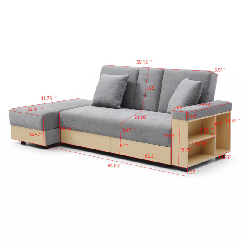 Convertible Sleeper Sofa Couch,Multifunctional Double Folding Sofa Bed,Storage Ottoman And Sofa Arm With  Box And Drawer, Drop Down Table With 2Cup Holders For Living Room,Apartment,Office,Grey