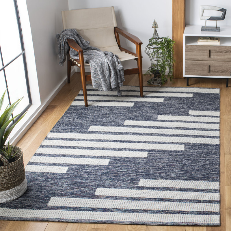 Alexio Striped Handwoven Wool/Cotton Navy Area Rug, Rectangle 8' x 10'