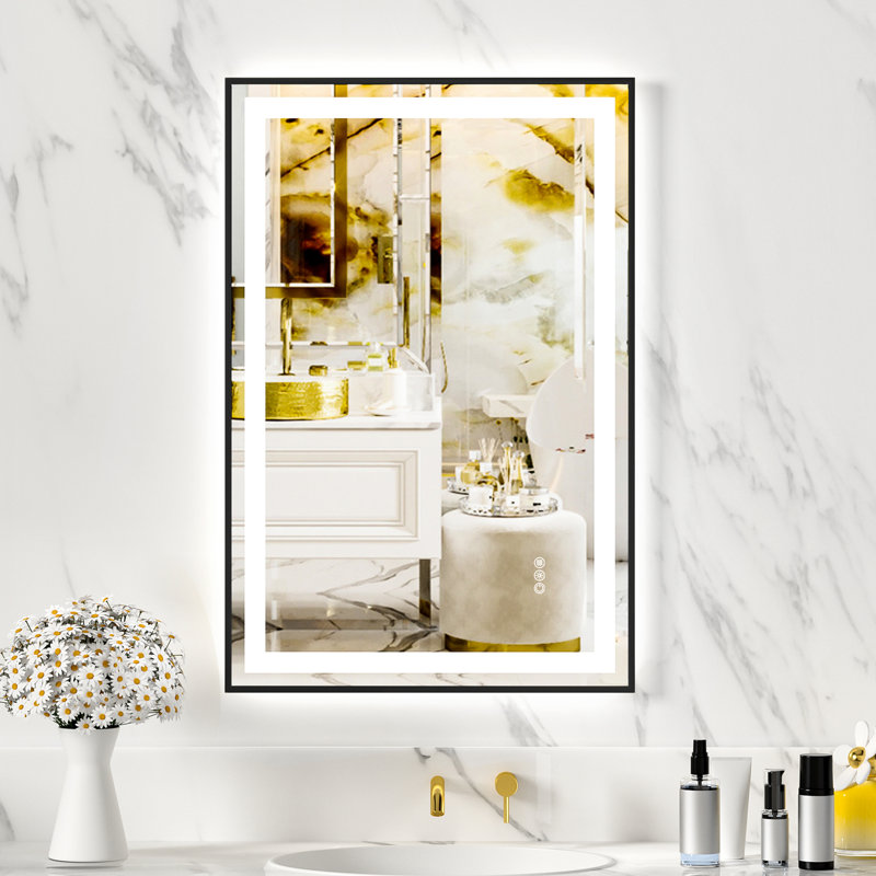 28 x 36 po, DEL, 12 V ul, miroir trempé noir avec double éclairage avant et arrière à DEL, couleur réglable, réglage continu de la luminosité, brouillard, options de montage flexibles, tournevis Ul, prise incluse, mémoire