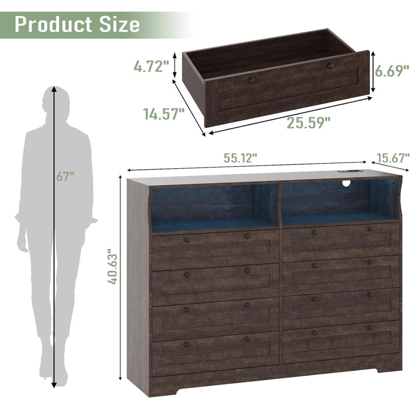 8 Drawers Wooden Dressers For Bedroom Living Room, Hallway, Wood Dressers With Led Lights And Charging Station, 55" Wide Chest Of Drawers, Modern Solid Wood Dresser TV Stand For 55" TV