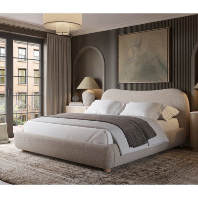 Modern Platform Bed with Wavy Curved Headboard,  Performance fabric