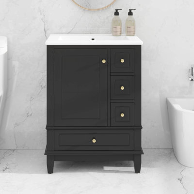 Meuble-lavabo de salle de bain avec lavabo, 3 tiroirs et une porte avec supports de rangement