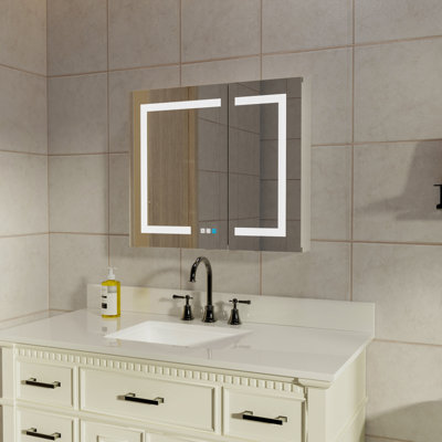Pharmacie de salle de bain éclairée à DEL avec miroir, 30 po x 26 po, armoire à pharmacie encastrée ou à surface, désembuage, gradation continue, changement de température de couleur, 2 prises, tablettes de rangement