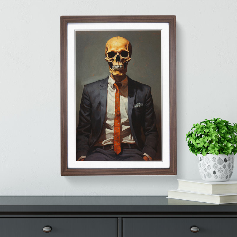 Skeleton In A Suit Painting No.5 - Single Picture Frame Print on Wood, Walnut Framed, 46cm H x 34cm W x 2cm D