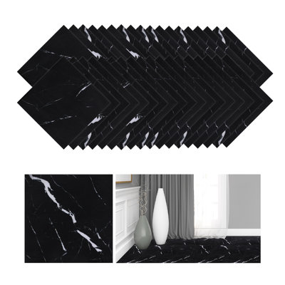 Dalles de sol en vinyle autocollantes imitation marbre noir CEME, 30 x 30 cm, imperméables, 4,8 m²