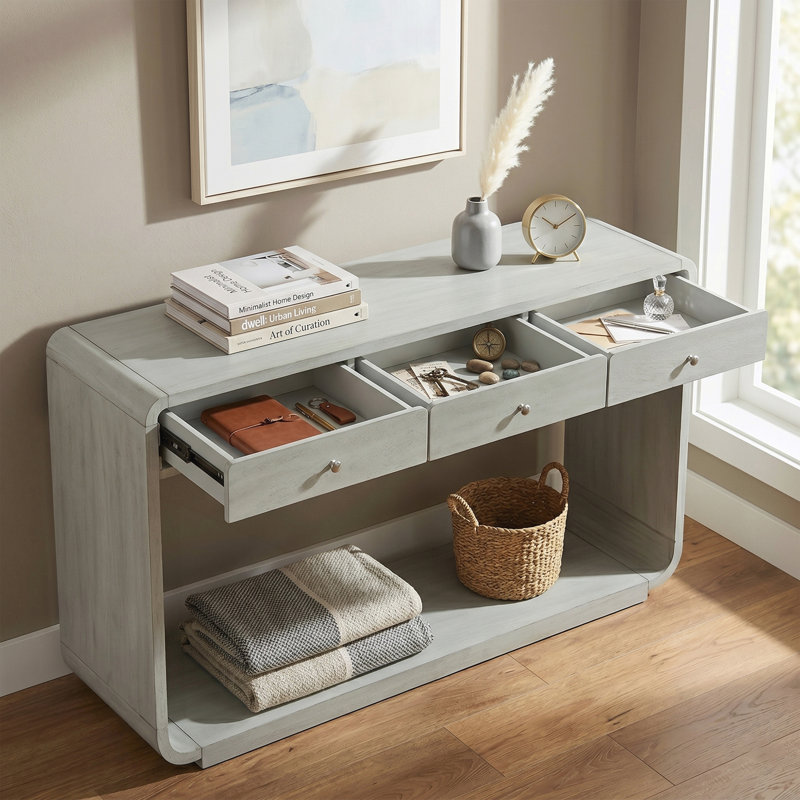 Console, 3 tiroirs de rangement, tablette de présentation, pieds courbés, Sage Green, Sage Green, Sage Green