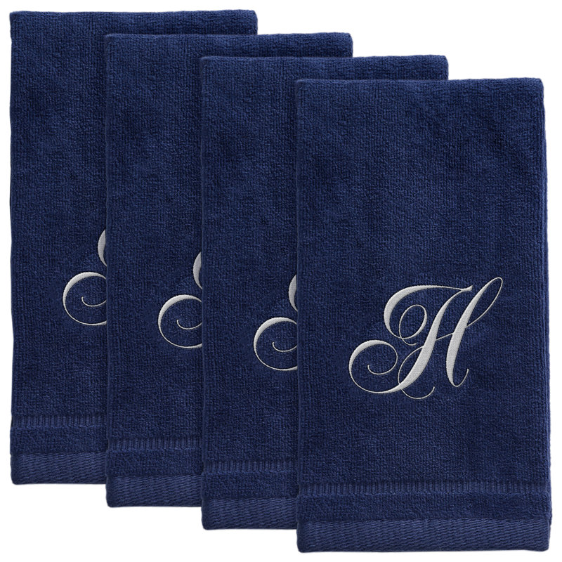 Set of 4 Navy Blue Monogrammed Towel - White Embroidered, H