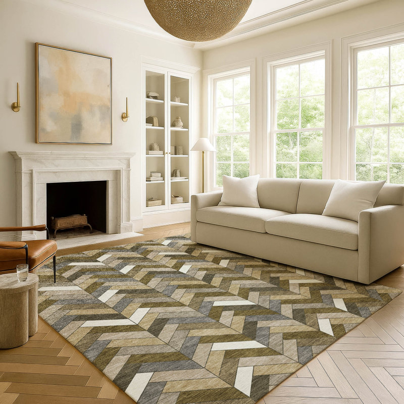 Tapis géométrique de qualité supérieure lavable à la machine Mayfield AMF2296, Brun, 8 pi x 10 pi