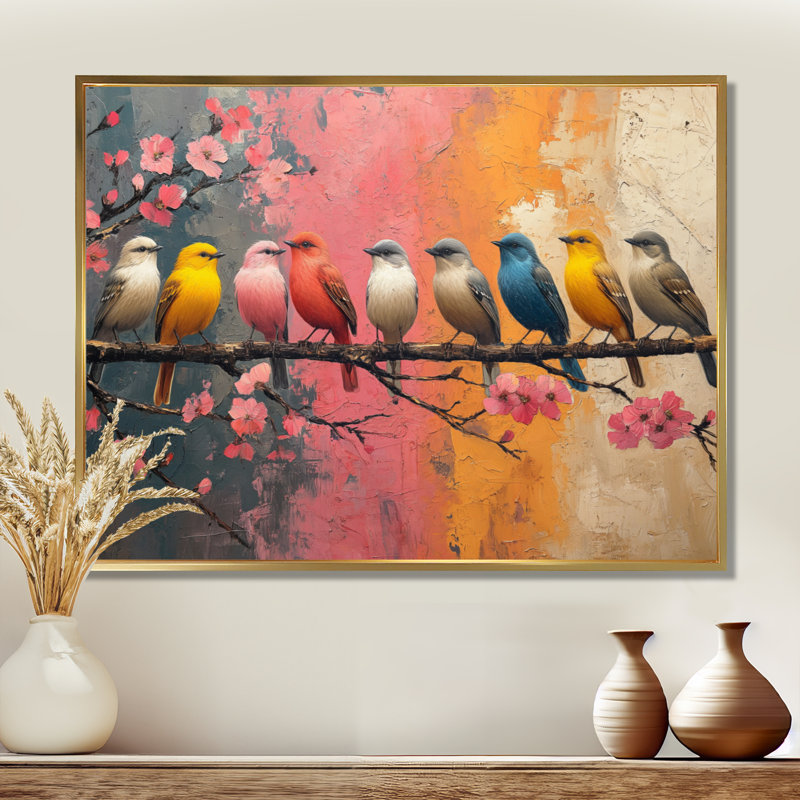Décoration murale oiseaux blancs et bleus sur une branche florale, Cadre flottant doré, H 16 po x l 32 po